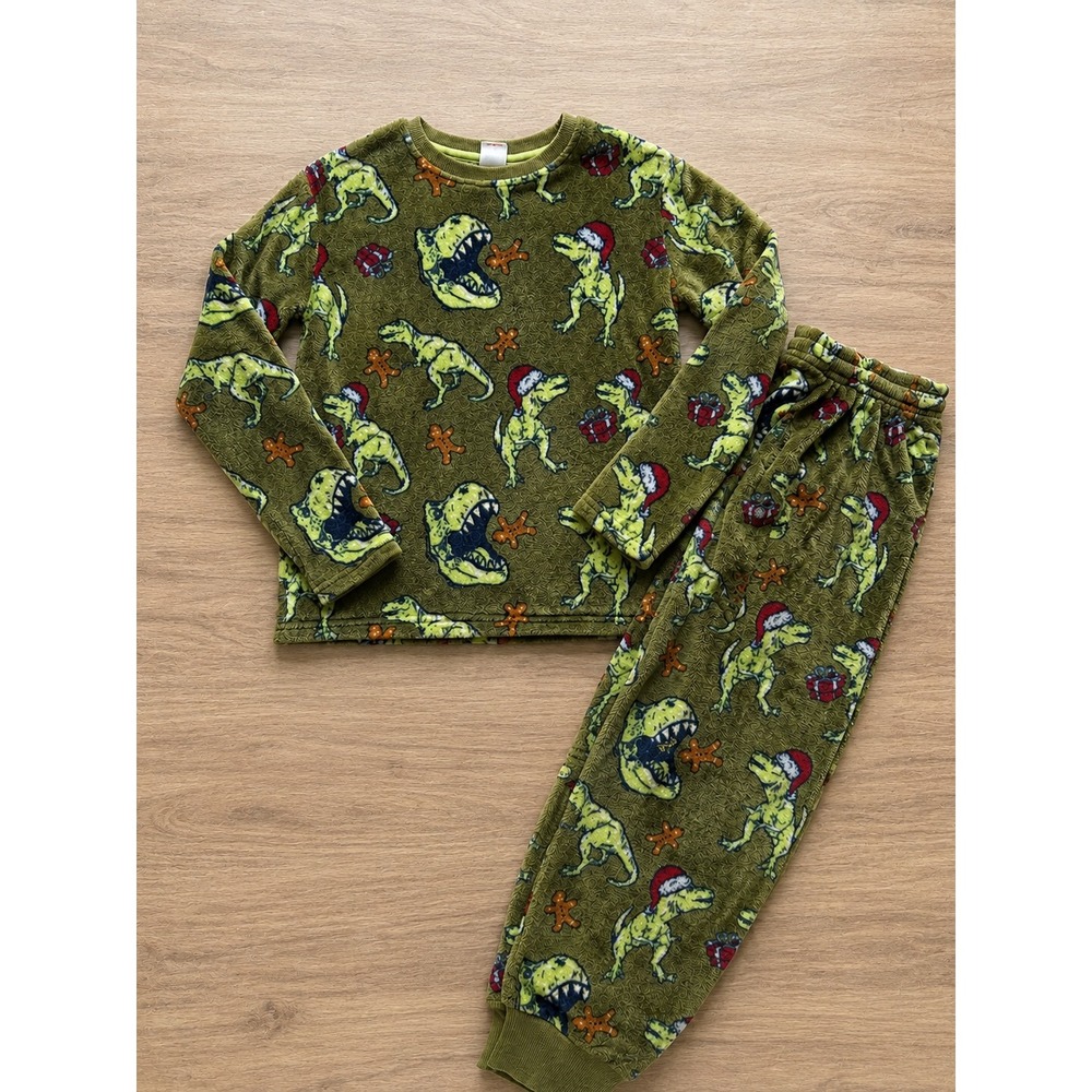Cat & Jack Kids Holiday Dinosaur Fleece Pajama Set Green Christmas T-Rex L 10/12